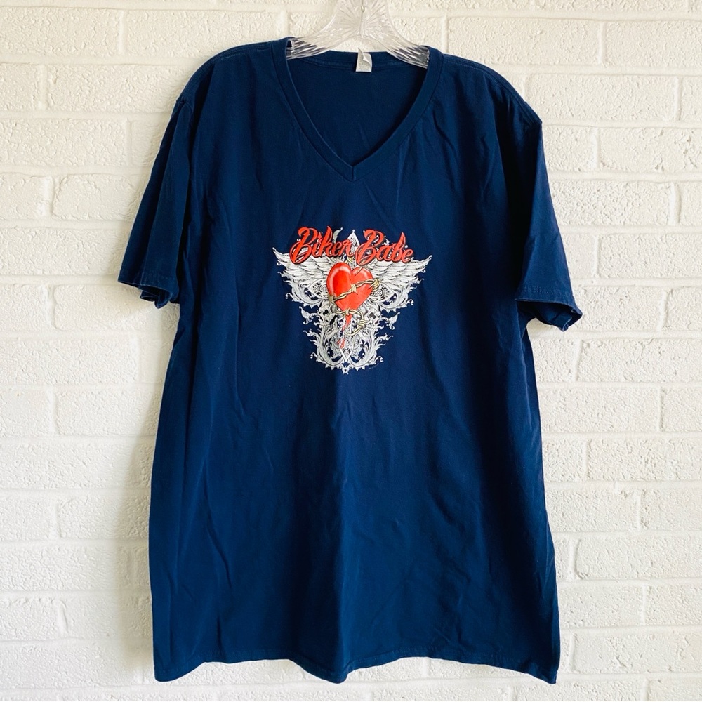 Biker Babe Women's V-Neck T-Shirt Motorcycle Chick  Navy Blue Graphic Ride Tee